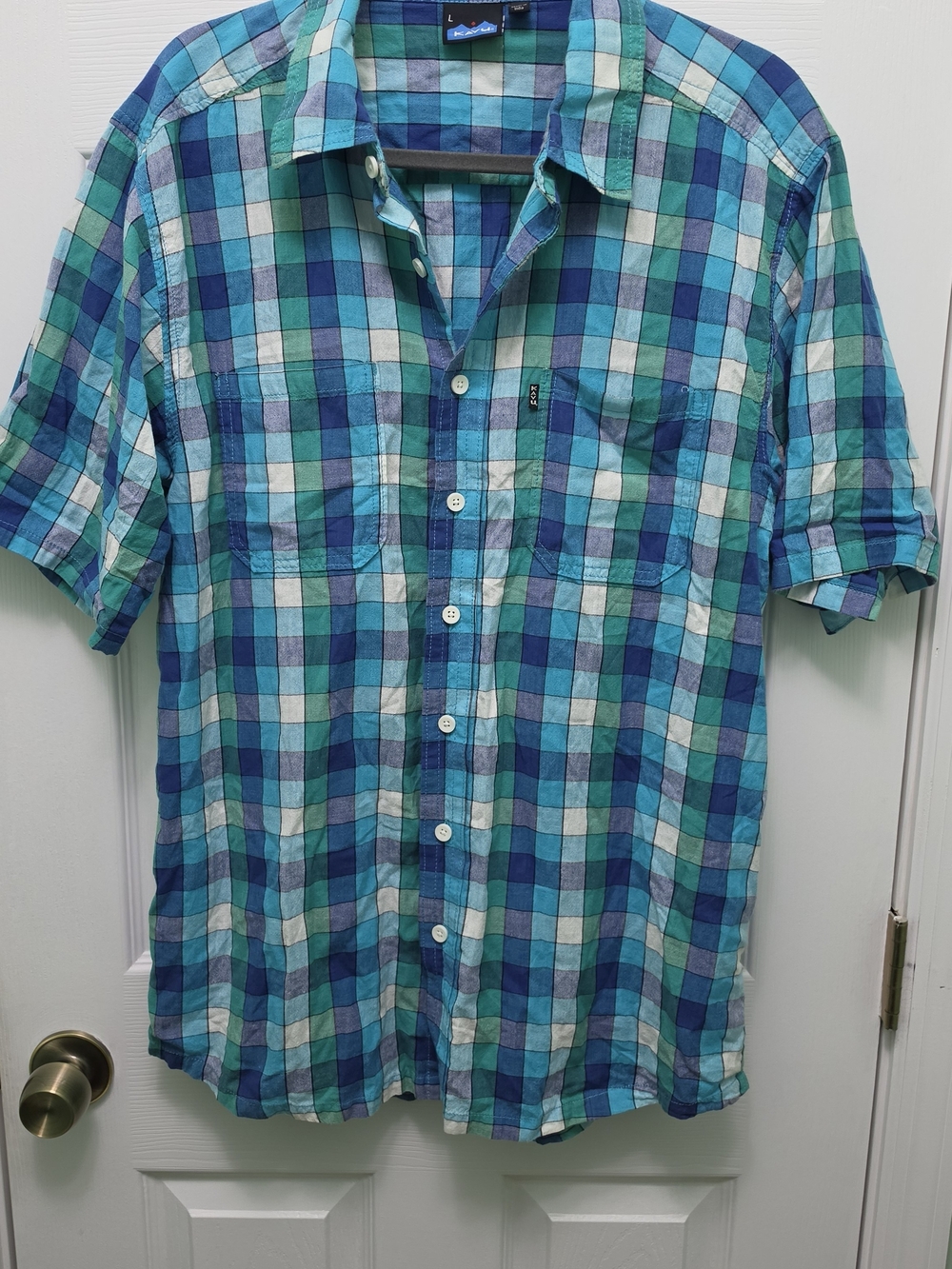 KAVU Men's Plaid Blue/Green/White Short Sleeve Button-Up Shirt Pockets L